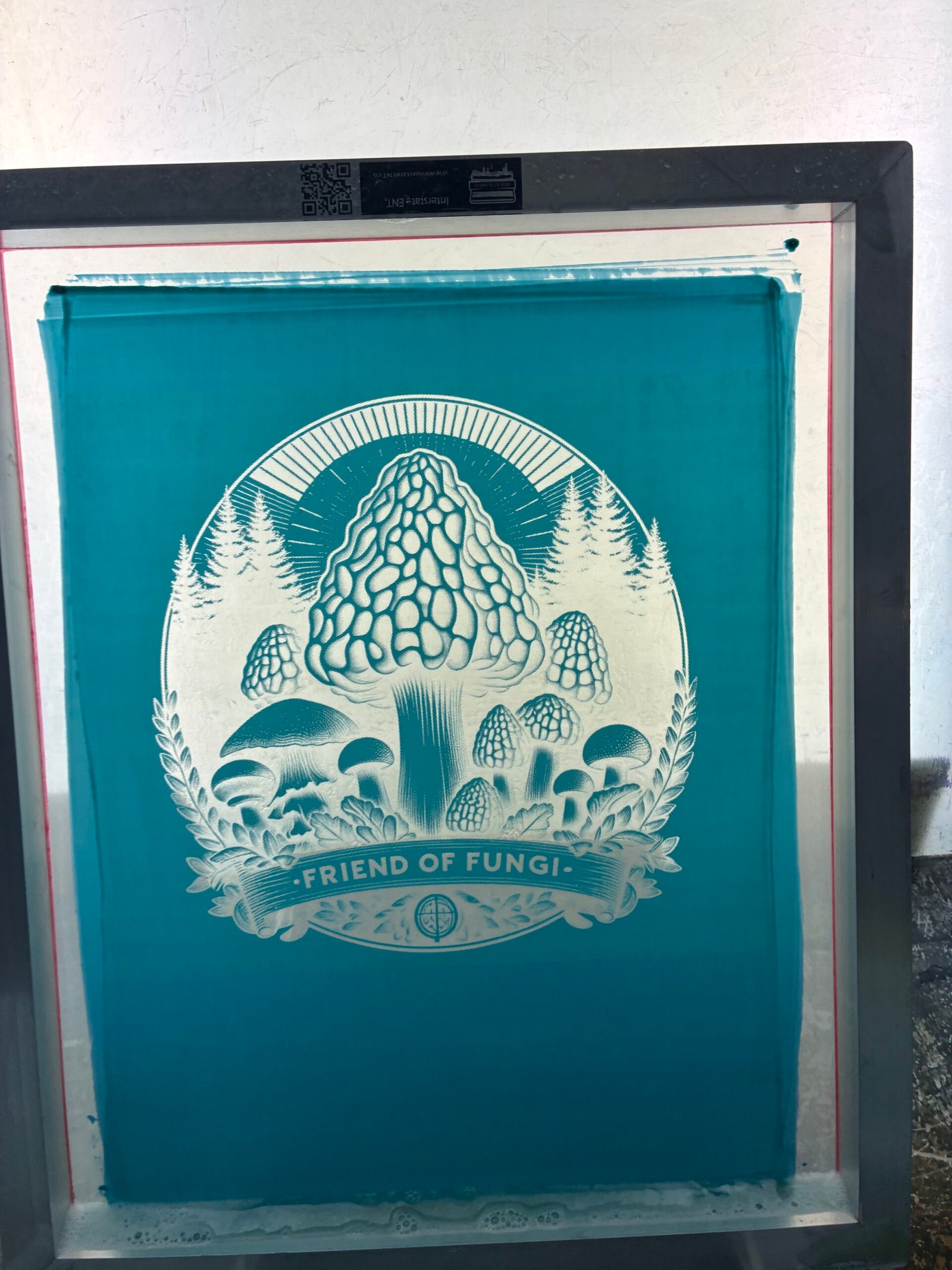 Silkscreen with green emulsion that has an image burned that says "Friends of Fungi" with morels and other mushrooms in a forest
