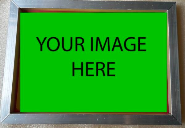 This picture depicts a 10x14" silkscreen with text on it that says "YOUR IMAGE ERE" showing that you can have any artwork applied to the silkscreen